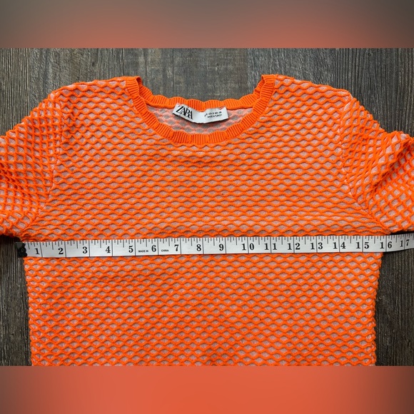 Zara Neon Orange Fishnet Cropped Sweater Size Small - Picture 11 of 11